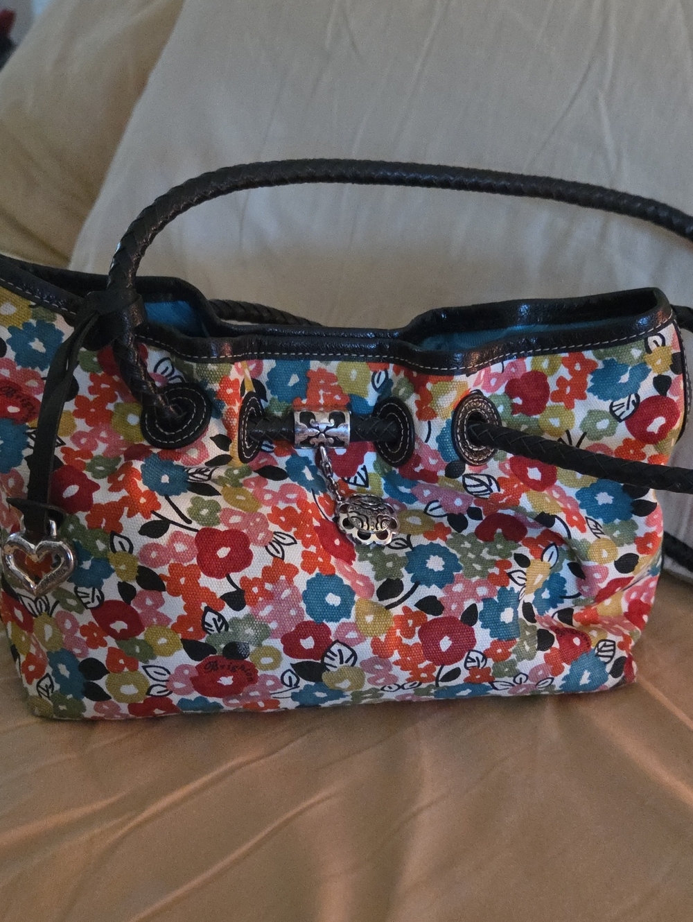 Brighton Floral Multicolor Canvas Tote Bag with Heart Charm